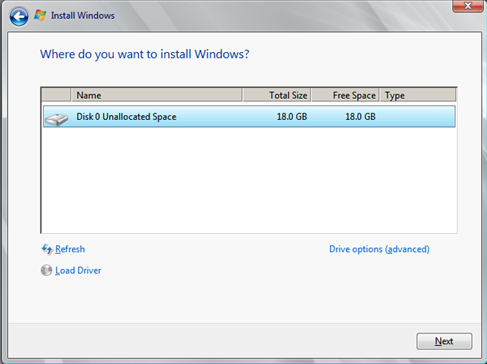 Install Windows Server 2008 wizard page 5