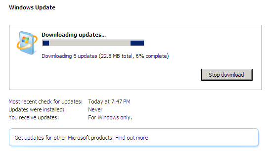 Windows Server 2008 update progress