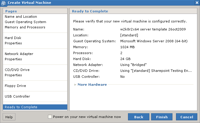 vmware create virtual machine ready to complete page